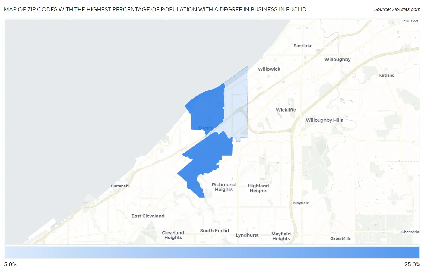 Zip Codes with the Highest Percentage of Population with a Degree in Business in Euclid Map