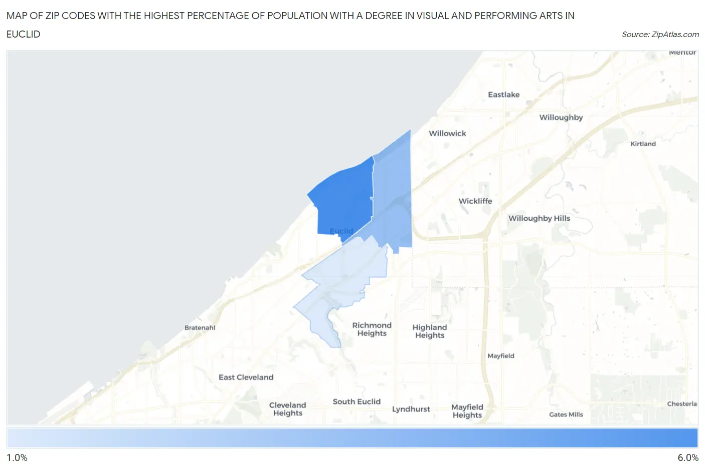 Zip Codes with the Highest Percentage of Population with a Degree in Visual and Performing Arts in Euclid Map