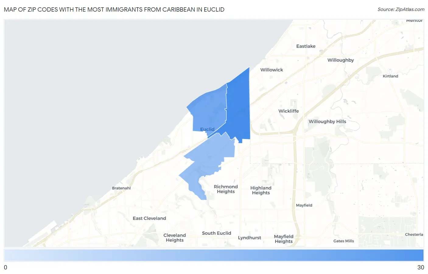 Zip Codes with the Most Immigrants from Caribbean in Euclid Map