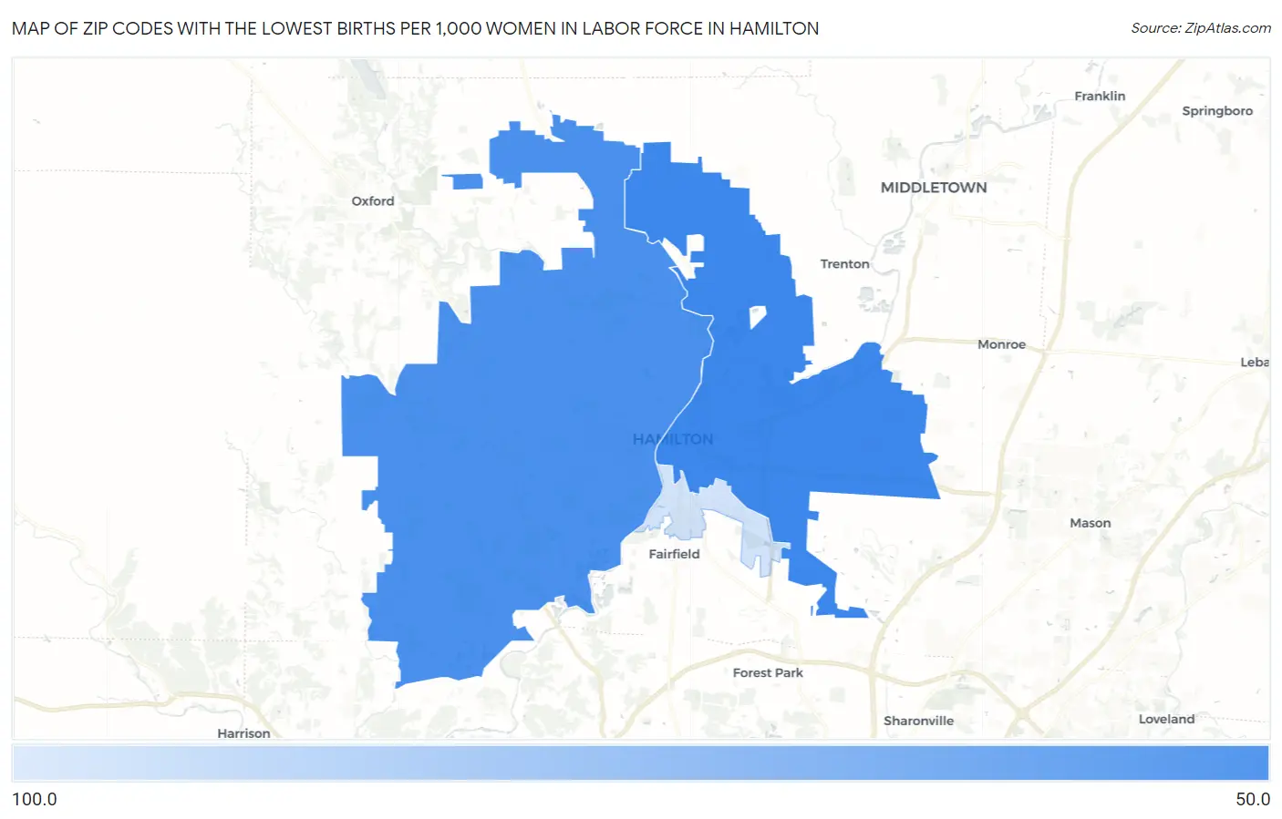 Zip Codes with the Lowest Births per 1,000 Women in Labor Force in Hamilton Map