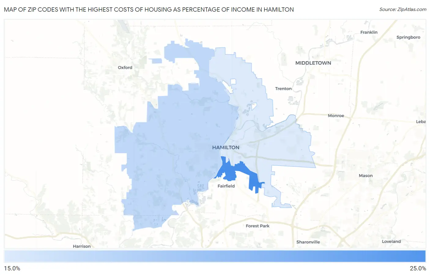 Zip Codes with the Highest Costs of Housing as Percentage of Income in Hamilton Map