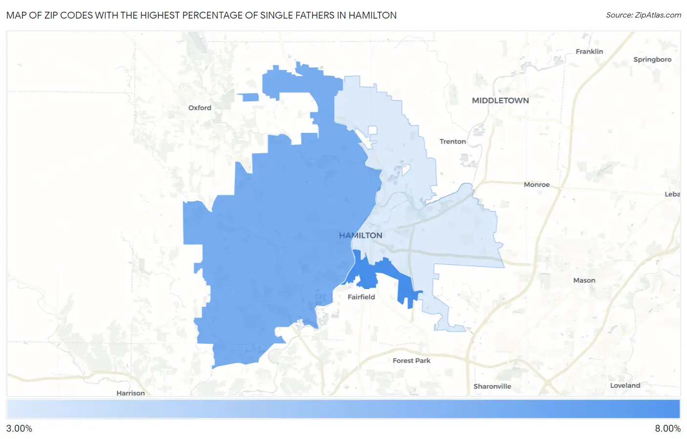 Zip Codes with the Highest Percentage of Single Fathers in Hamilton Map