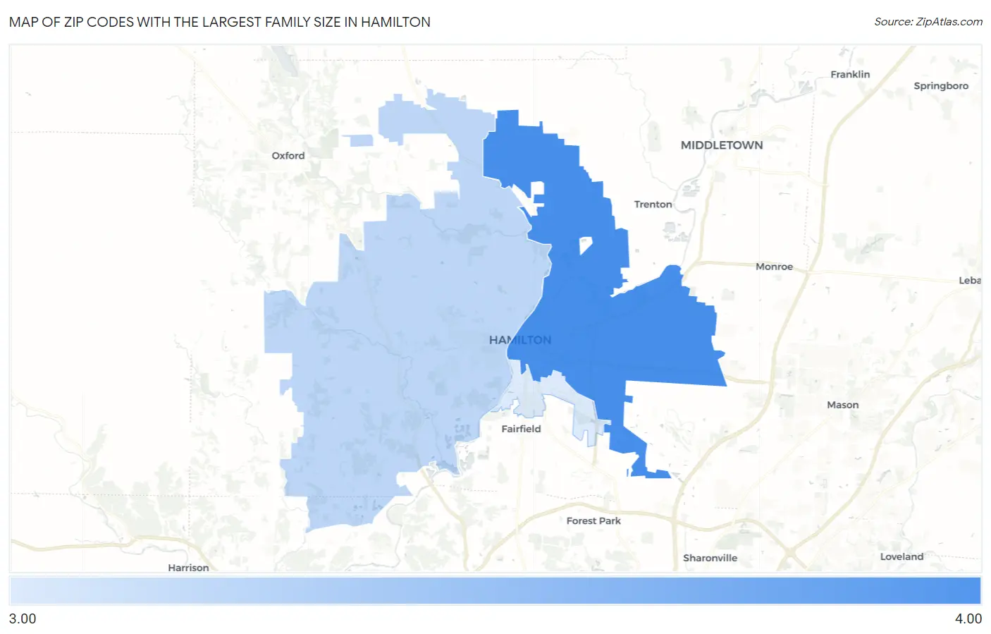 Zip Codes with the Largest Family Size in Hamilton Map