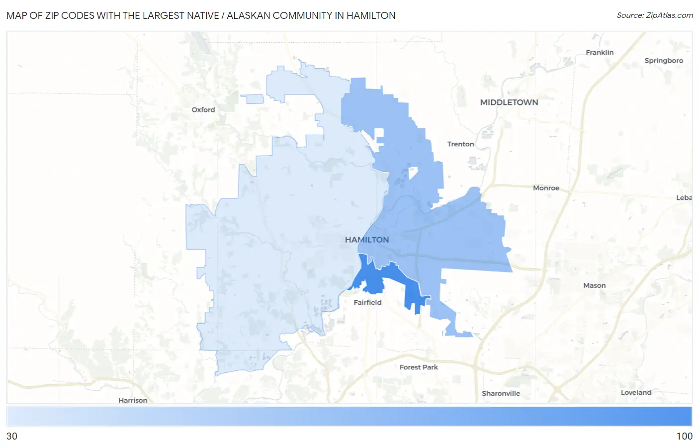 Zip Codes with the Largest Native / Alaskan Community in Hamilton Map