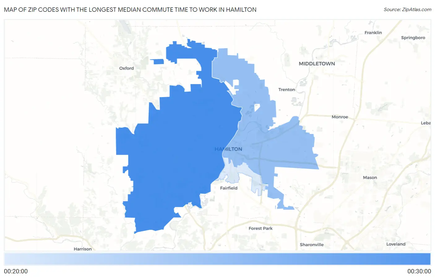 Zip Codes with the Longest Median Commute Time to Work in Hamilton Map
