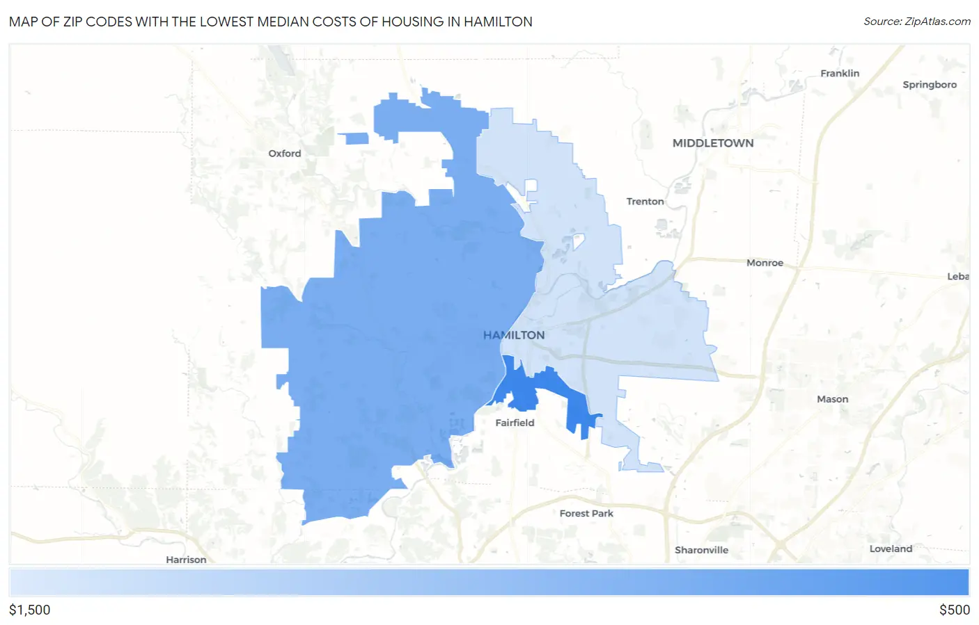 Zip Codes with the Lowest Median Costs of Housing in Hamilton Map