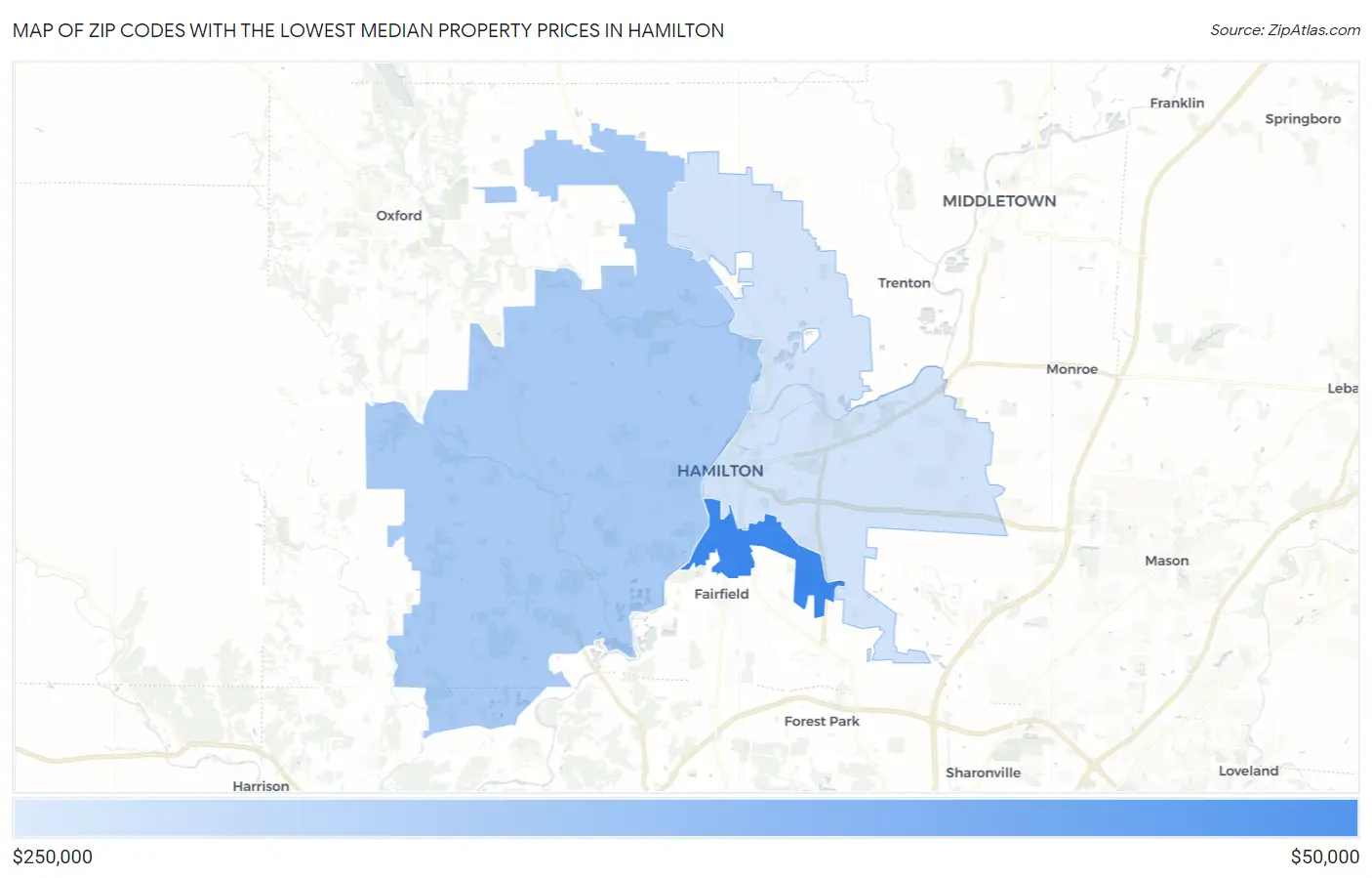 Zip Codes with the Lowest Median Property Prices in Hamilton Map