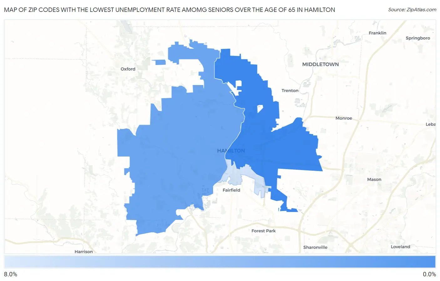 Zip Codes with the Lowest Unemployment Rate Amomg Seniors Over the Age of 65 in Hamilton Map