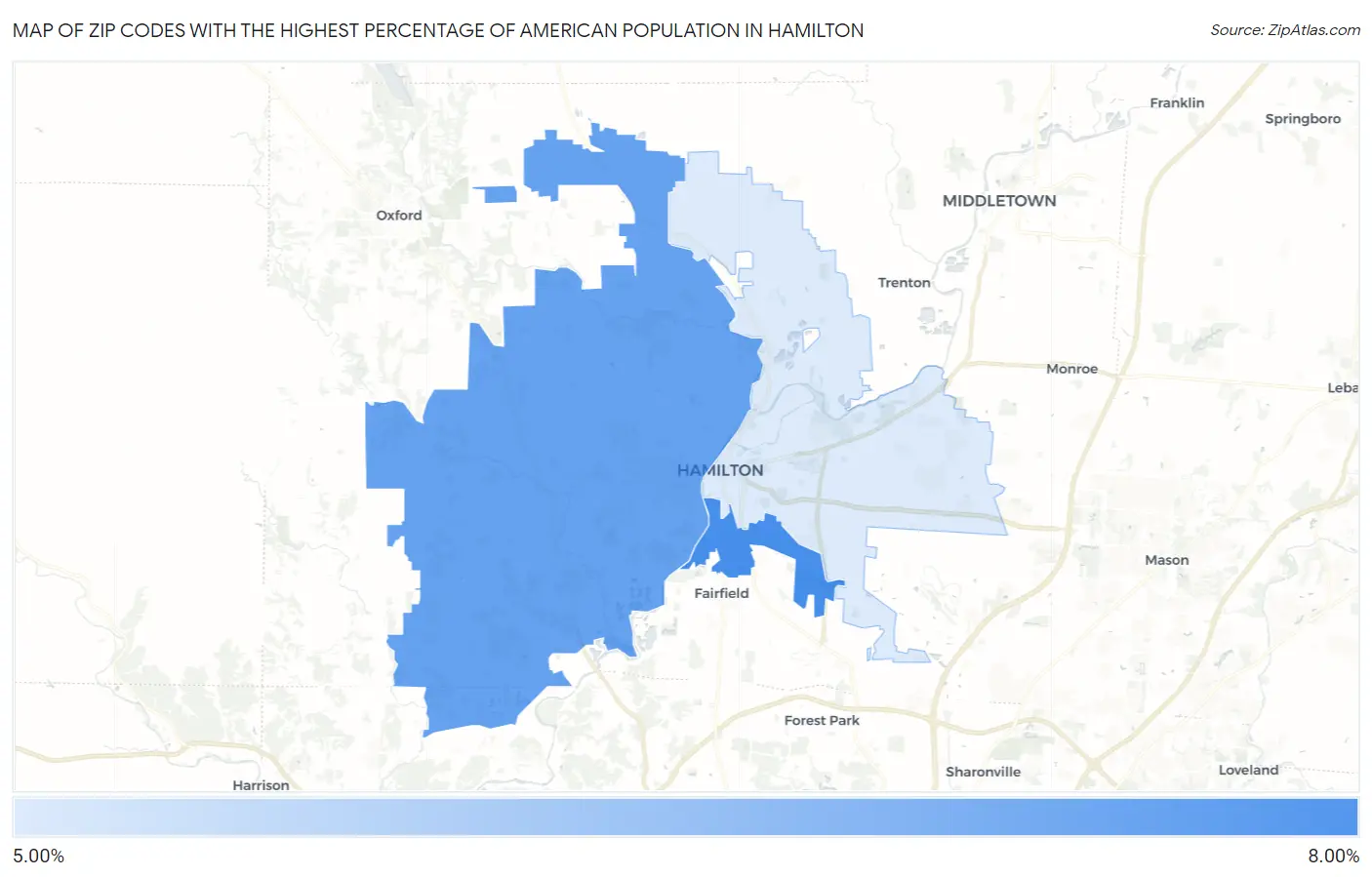Zip Codes with the Highest Percentage of American Population in Hamilton Map