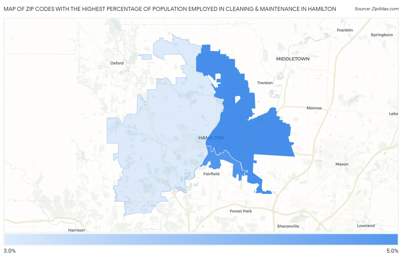 Zip Codes with the Highest Percentage of Population Employed in Cleaning & Maintenance in Hamilton Map