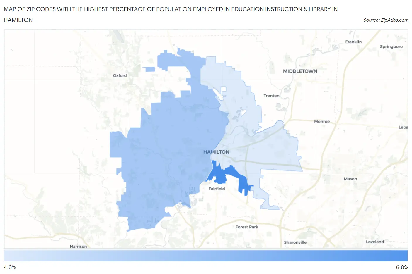 Zip Codes with the Highest Percentage of Population Employed in Education Instruction & Library in Hamilton Map