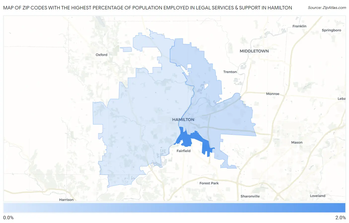Zip Codes with the Highest Percentage of Population Employed in Legal Services & Support in Hamilton Map