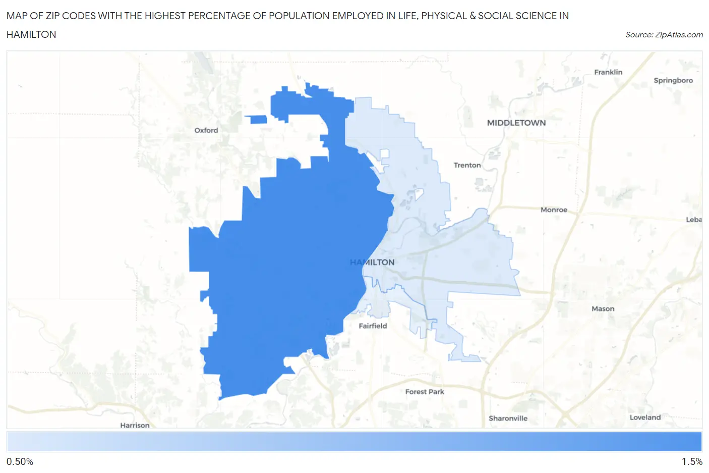 Zip Codes with the Highest Percentage of Population Employed in Life, Physical & Social Science in Hamilton Map