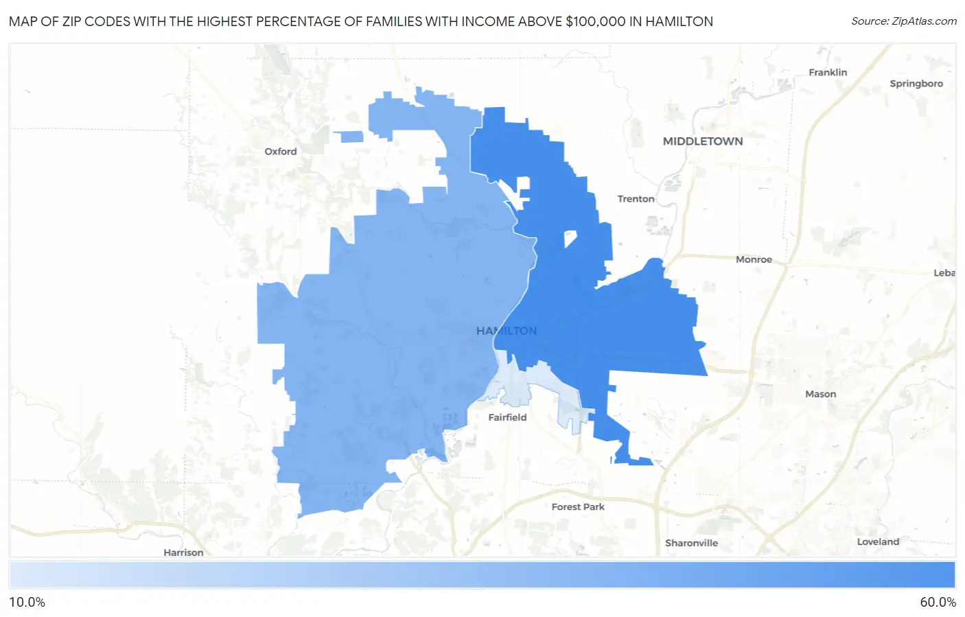 Zip Codes with the Highest Percentage of Families with Income Above $100,000 in Hamilton Map