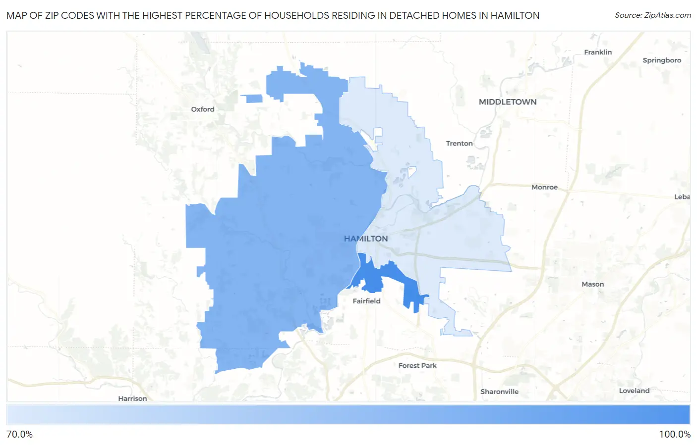 Zip Codes with the Highest Percentage of Households Residing in Detached Homes in Hamilton Map