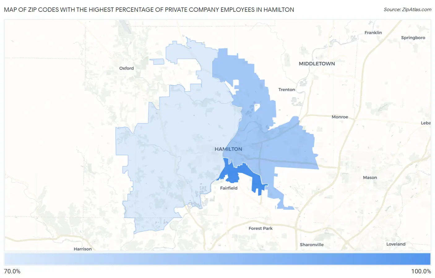 Zip Codes with the Highest Percentage of Private Company Employees in Hamilton Map
