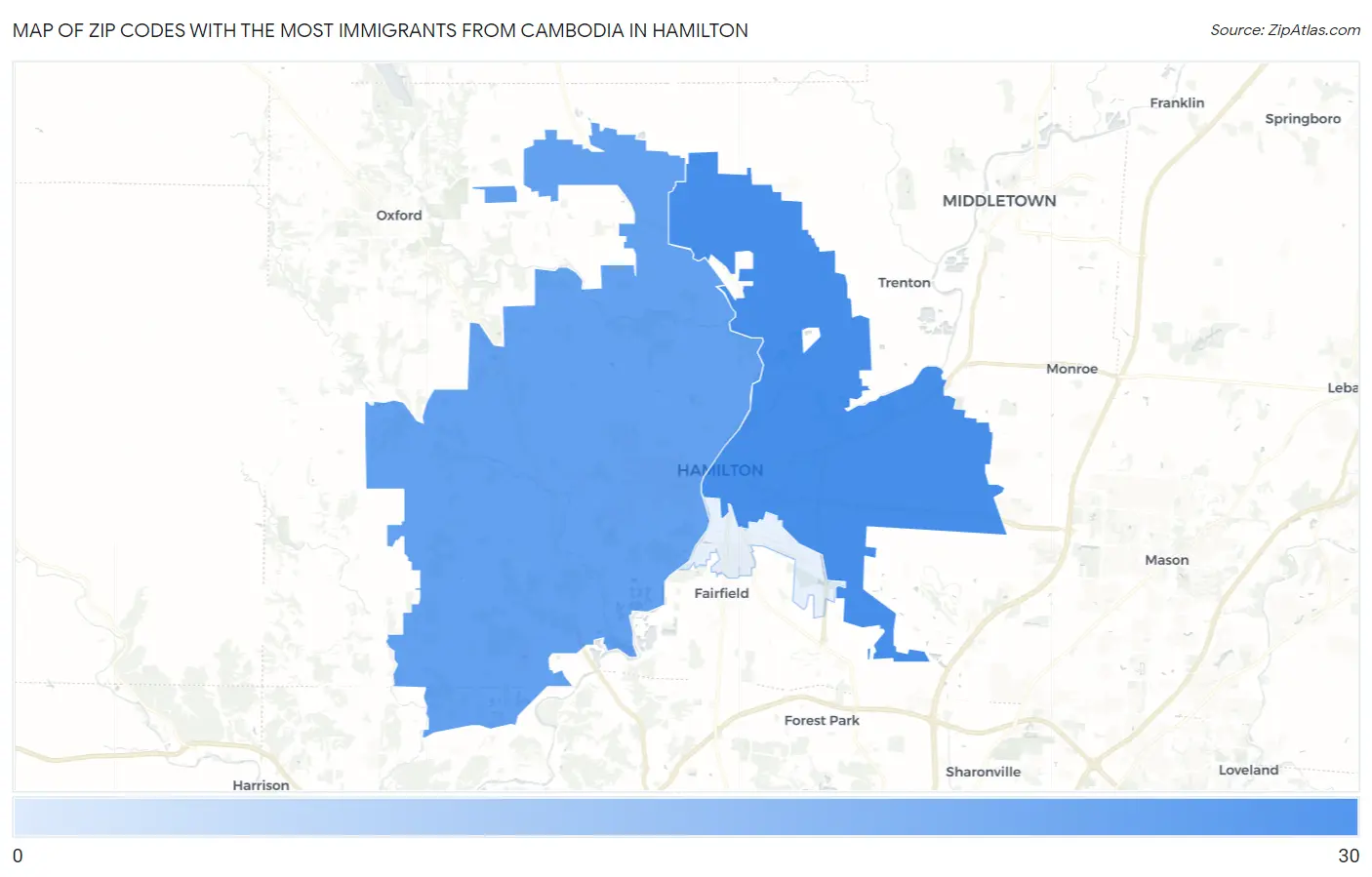 Zip Codes with the Most Immigrants from Cambodia in Hamilton Map