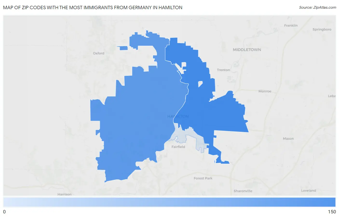Zip Codes with the Most Immigrants from Germany in Hamilton Map