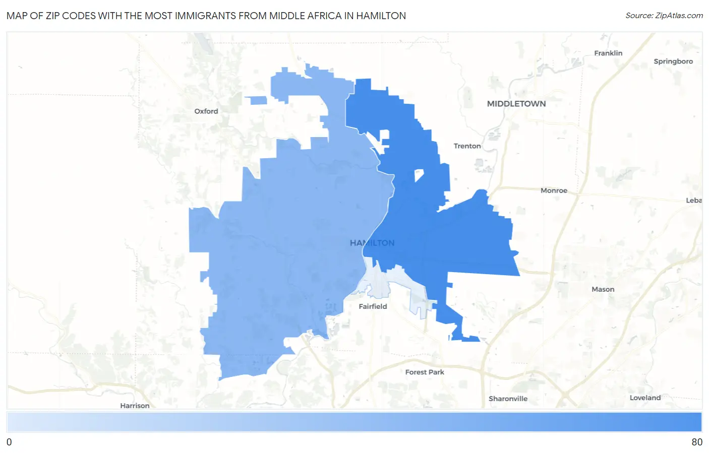 Zip Codes with the Most Immigrants from Middle Africa in Hamilton Map
