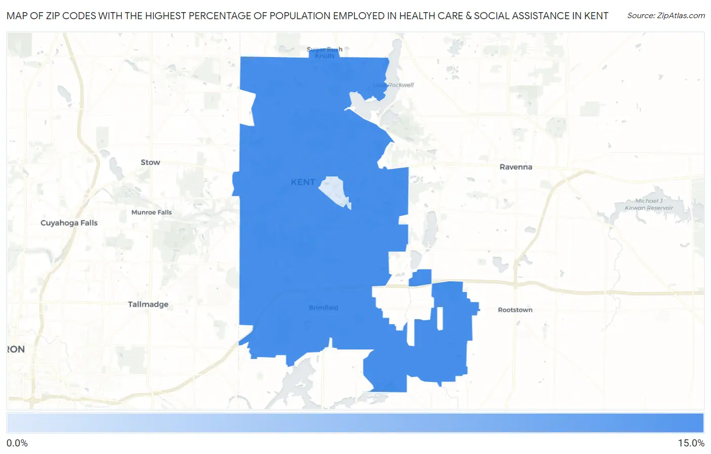 Zip Codes with the Highest Percentage of Population Employed in Health Care & Social Assistance in Kent Map