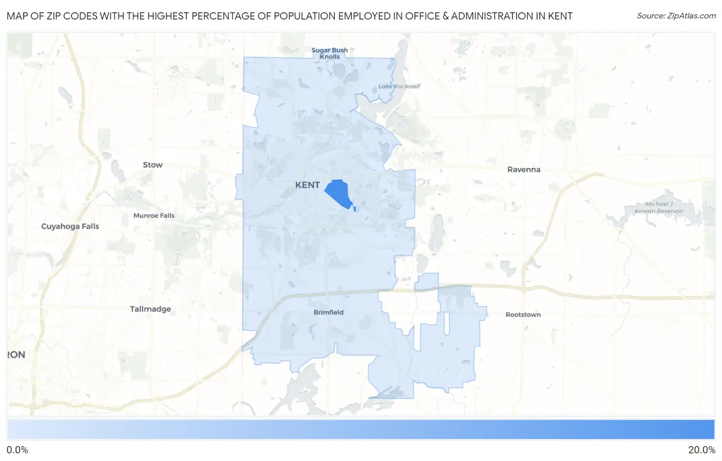 Zip Codes with the Highest Percentage of Population Employed in Office & Administration in Kent Map