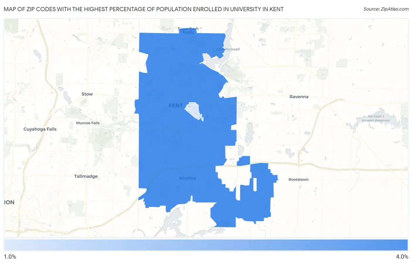 Zip Codes with the Highest Percentage of Population Enrolled in University in Kent Map