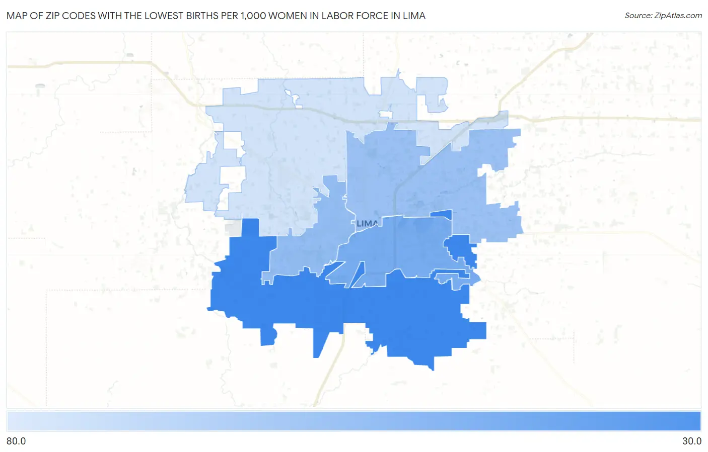 Zip Codes with the Lowest Births per 1,000 Women in Labor Force in Lima Map