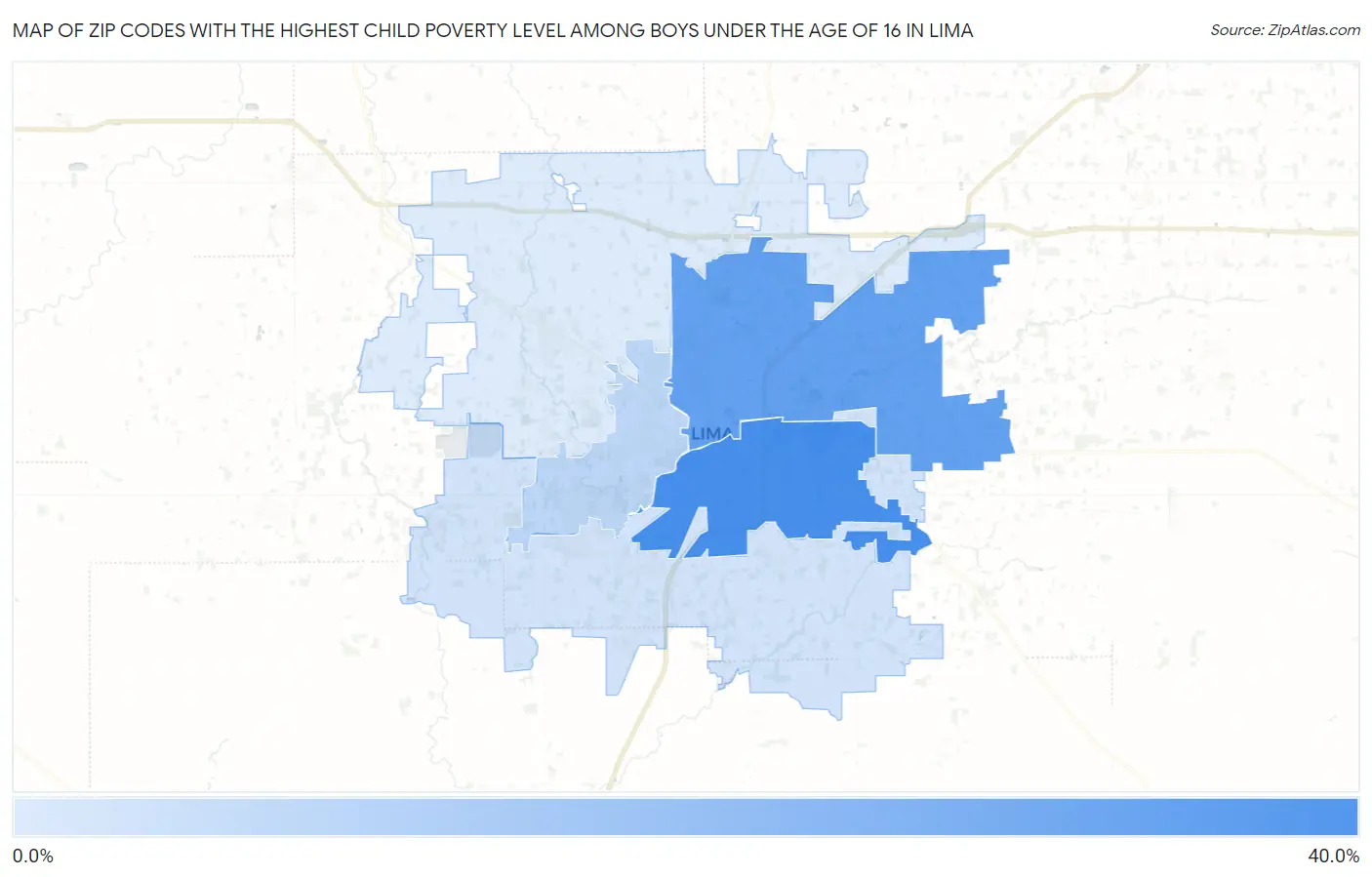 Zip Codes with the Highest Child Poverty Level Among Boys Under the Age of 16 in Lima Map