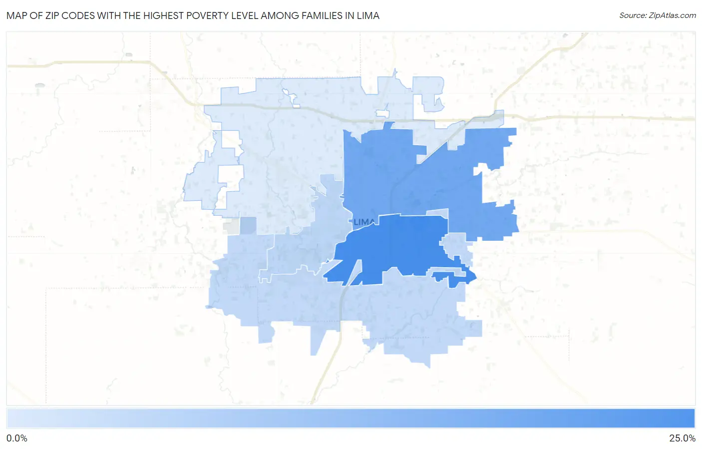 Zip Codes with the Highest Poverty Level Among Families in Lima Map