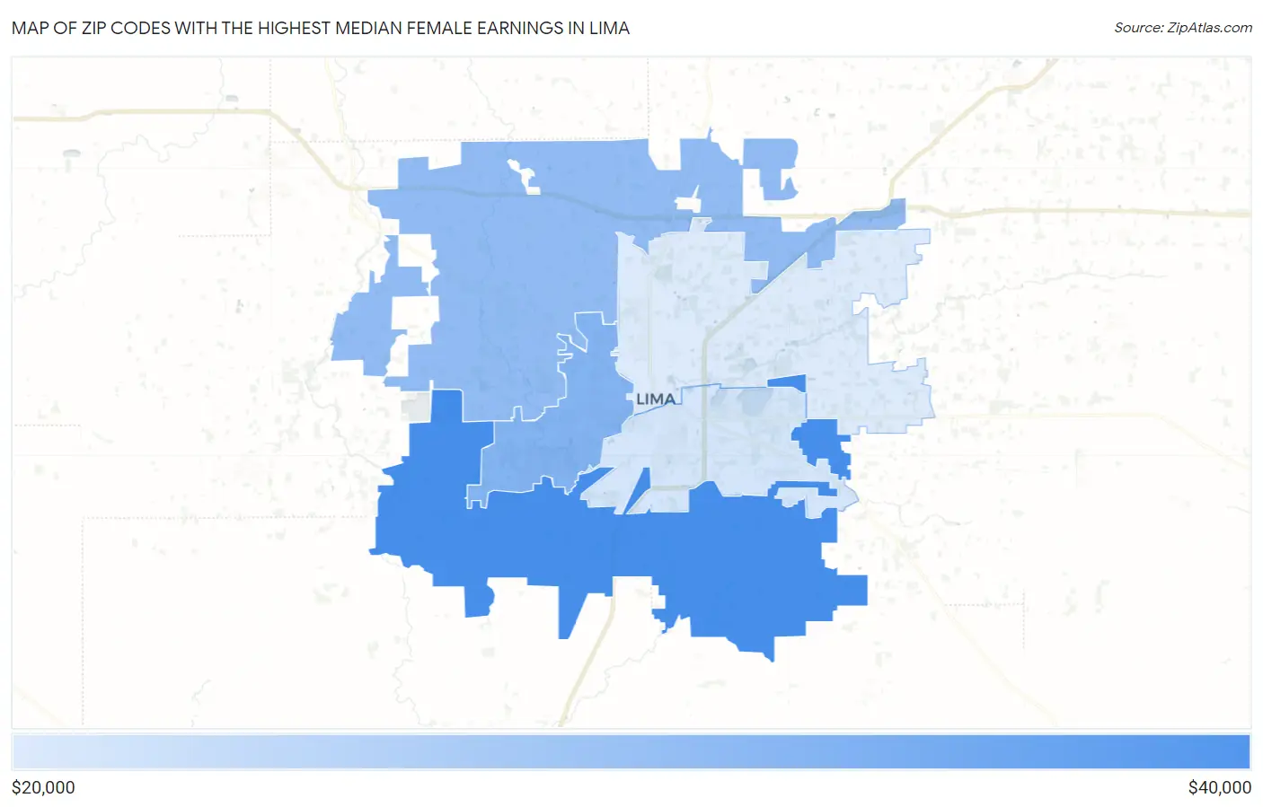 Zip Codes with the Highest Median Female Earnings in Lima Map