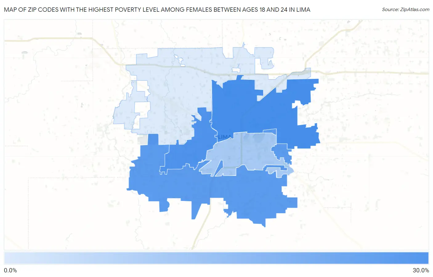Zip Codes with the Highest Poverty Level Among Females Between Ages 18 and 24 in Lima Map