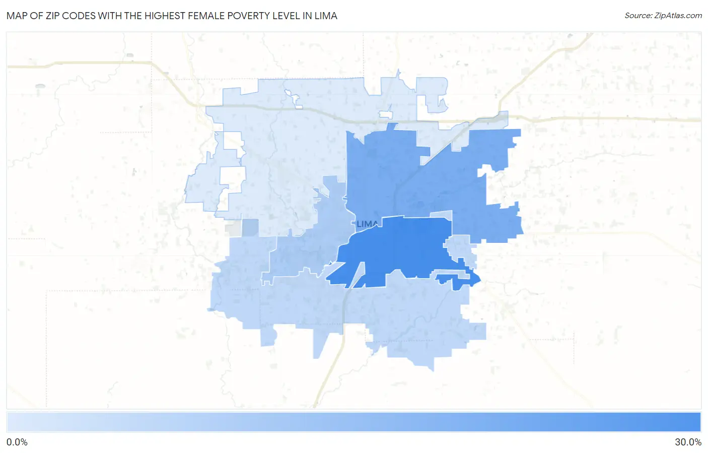 Zip Codes with the Highest Female Poverty Level in Lima Map