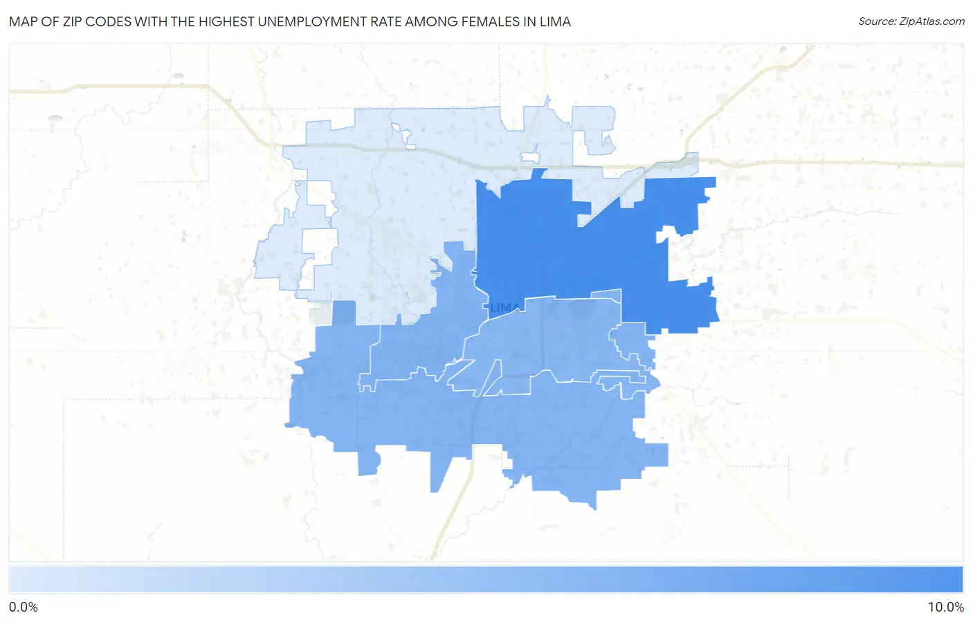 Zip Codes with the Highest Unemployment Rate Among Females in Lima Map