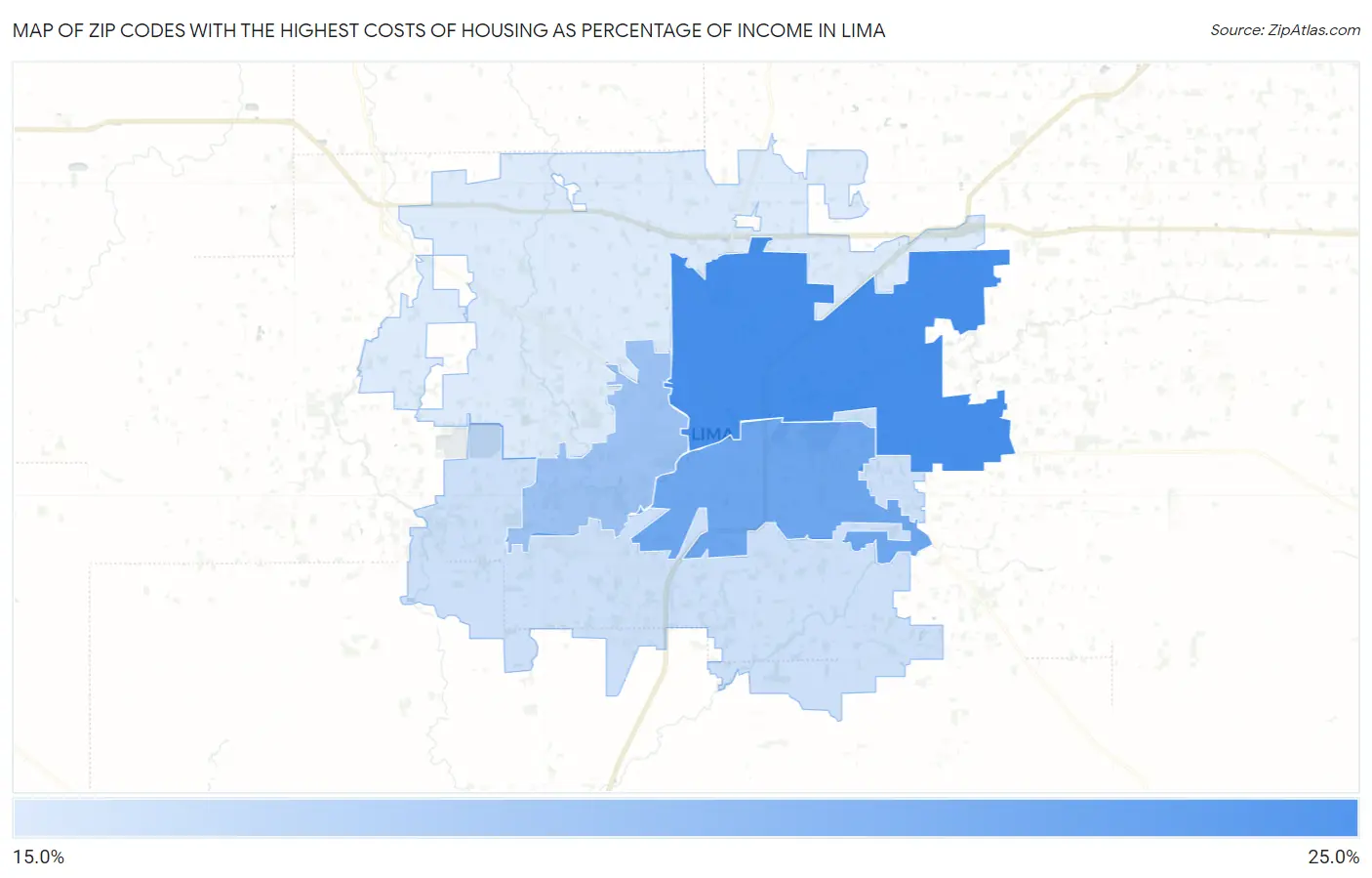 Zip Codes with the Highest Costs of Housing as Percentage of Income in Lima Map