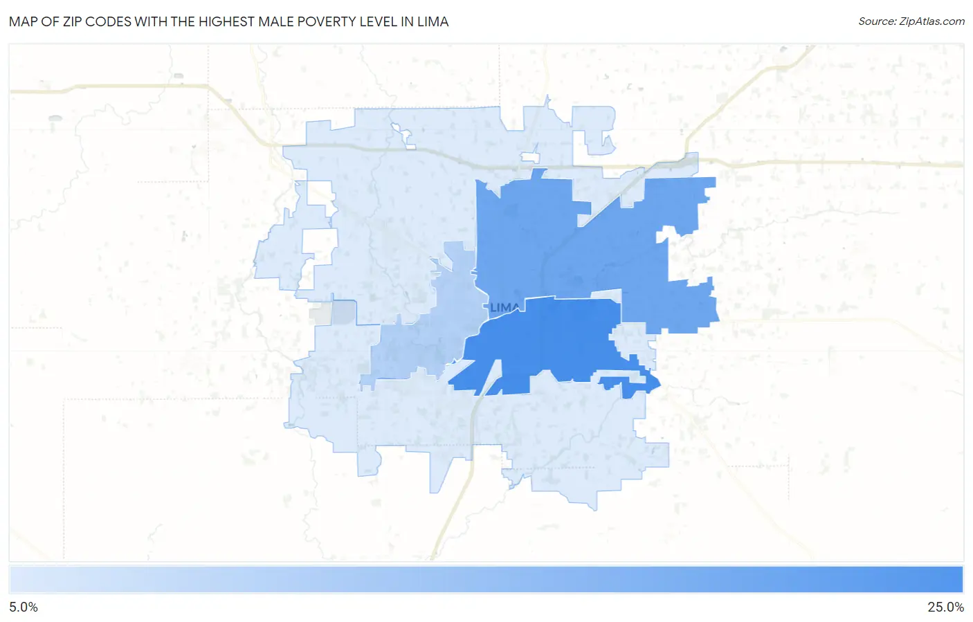 Zip Codes with the Highest Male Poverty Level in Lima Map