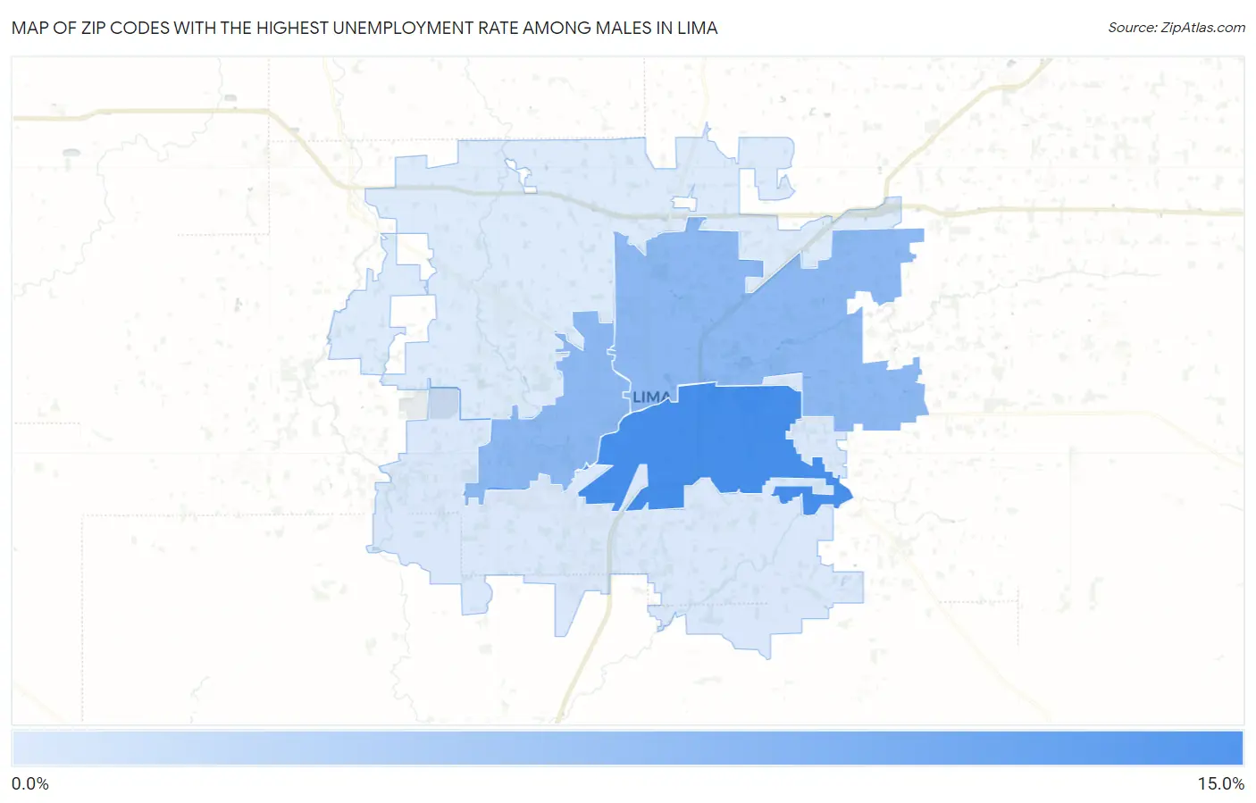Zip Codes with the Highest Unemployment Rate Among Males in Lima Map