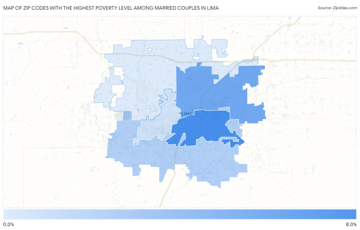 Zip Codes with the Highest Poverty Level Among Married Couples in Lima Map