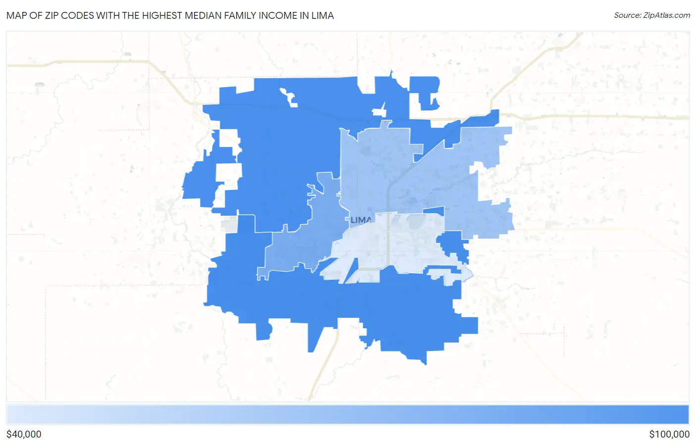 Zip Codes with the Highest Median Family Income in Lima Map