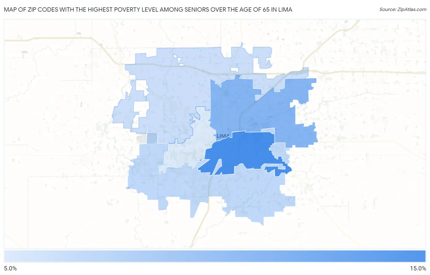 Zip Codes with the Highest Poverty Level Among Seniors Over the Age of 65 in Lima Map