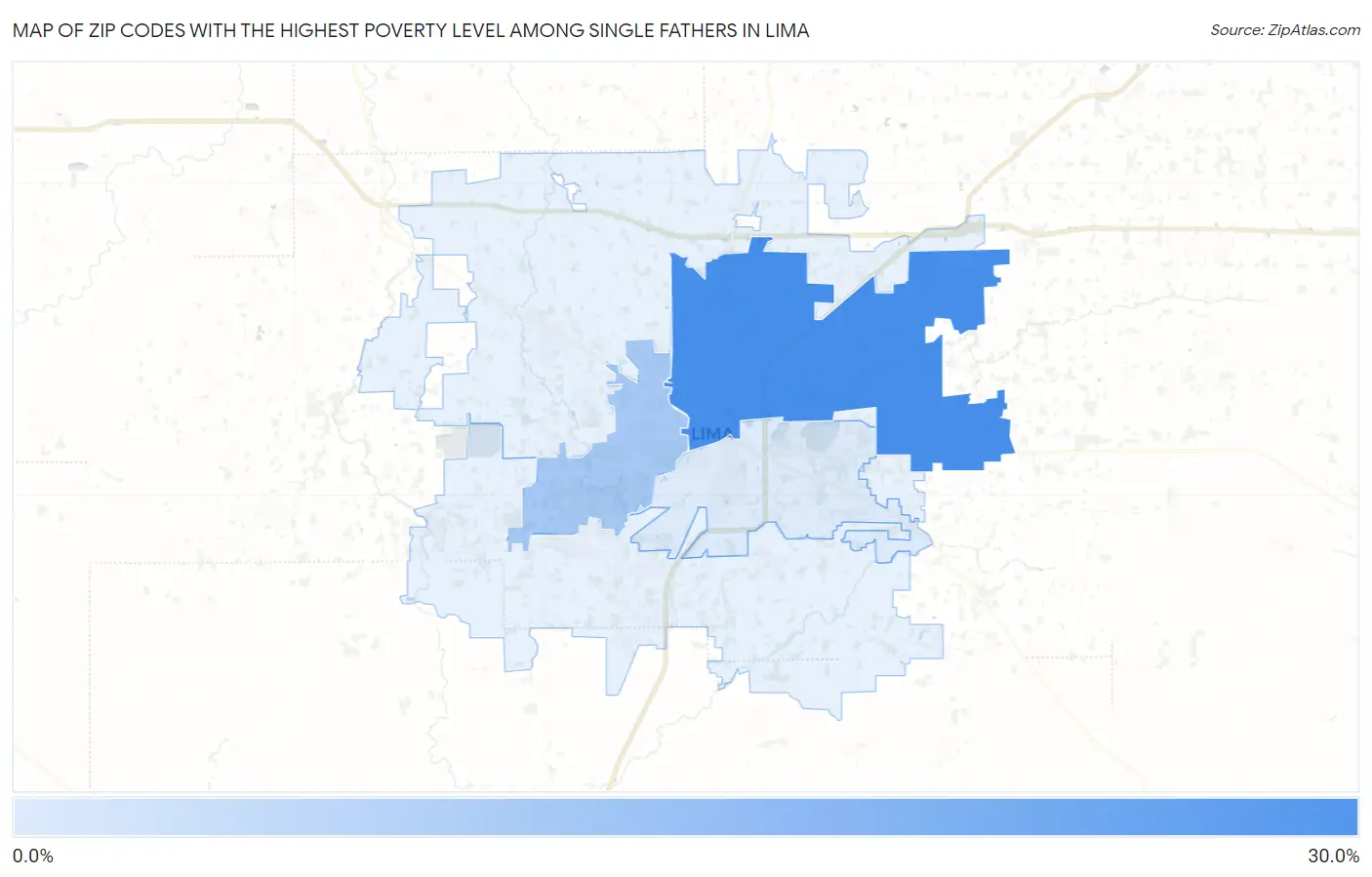 Zip Codes with the Highest Poverty Level Among Single Fathers in Lima Map