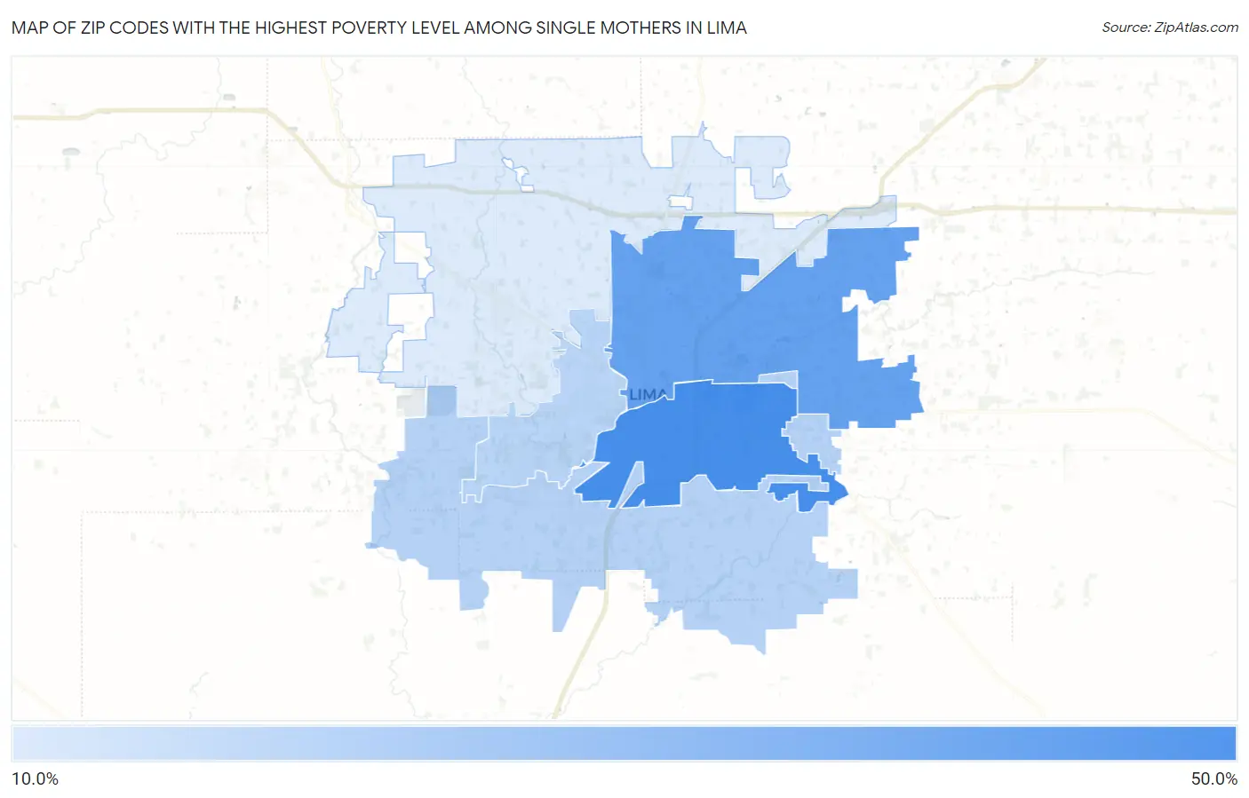 Zip Codes with the Highest Poverty Level Among Single Mothers in Lima Map