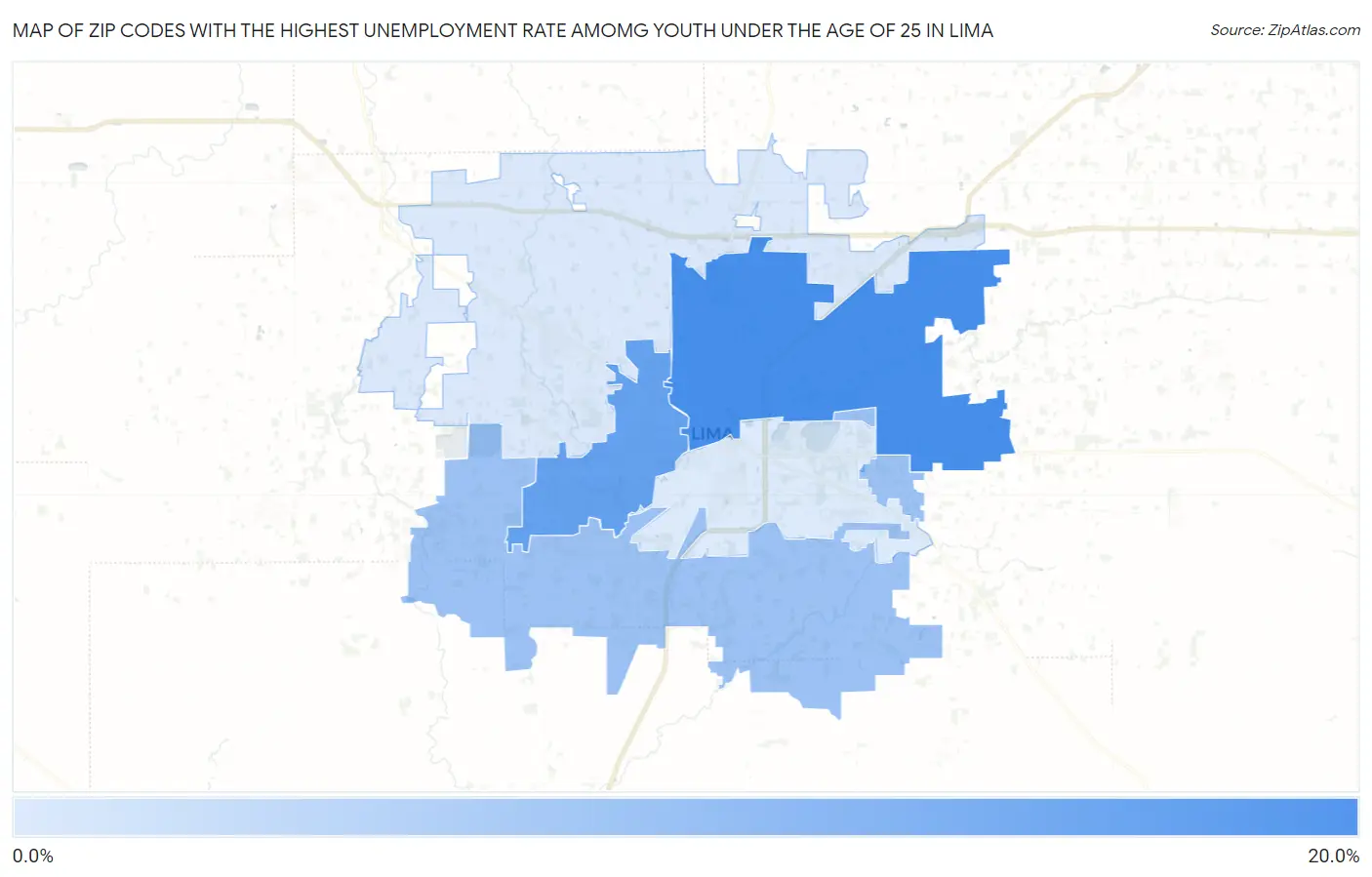 Zip Codes with the Highest Unemployment Rate Amomg Youth Under the Age of 25 in Lima Map