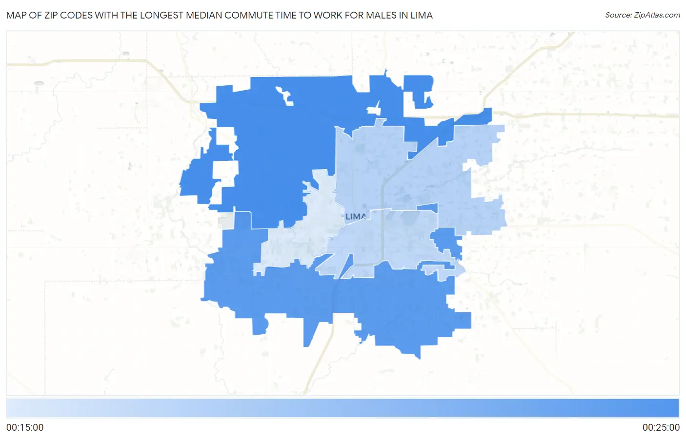 Zip Codes with the Longest Median Commute Time to Work for Males in Lima Map