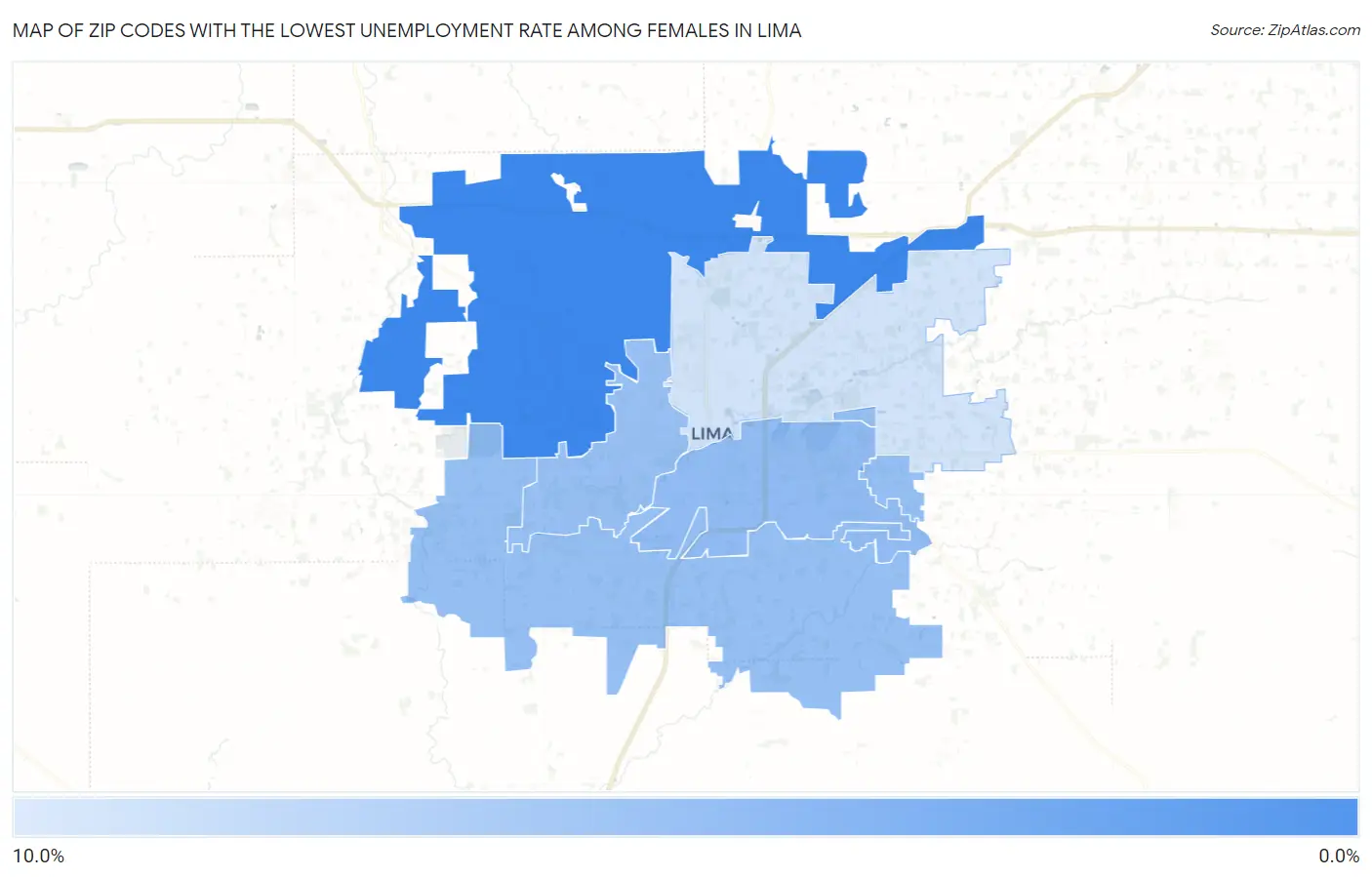 Zip Codes with the Lowest Unemployment Rate Among Females in Lima Map
