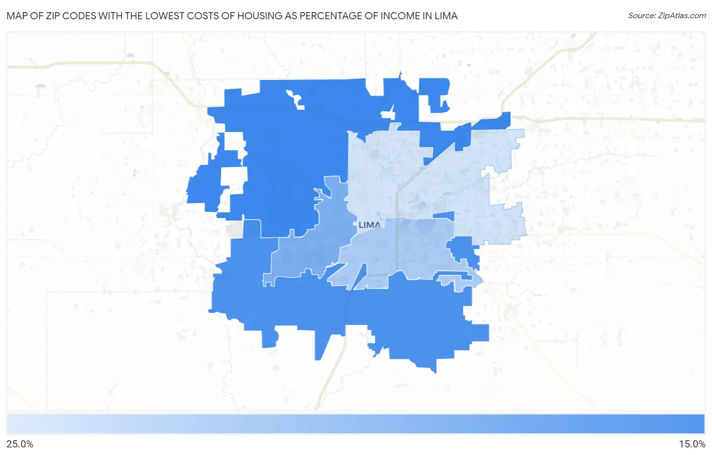 Zip Codes with the Lowest Costs of Housing as Percentage of Income in Lima Map