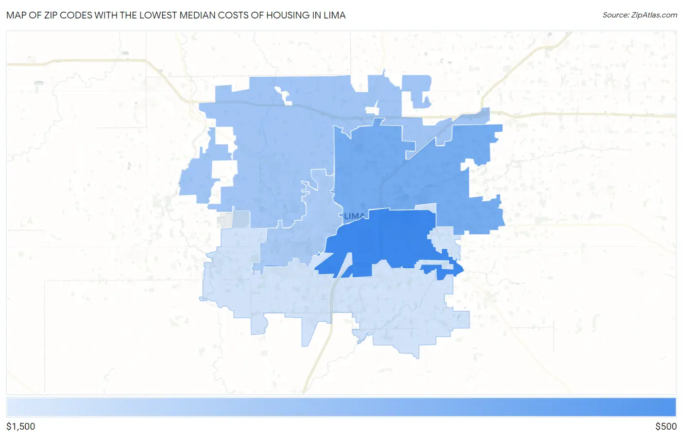 Zip Codes with the Lowest Median Costs of Housing in Lima Map