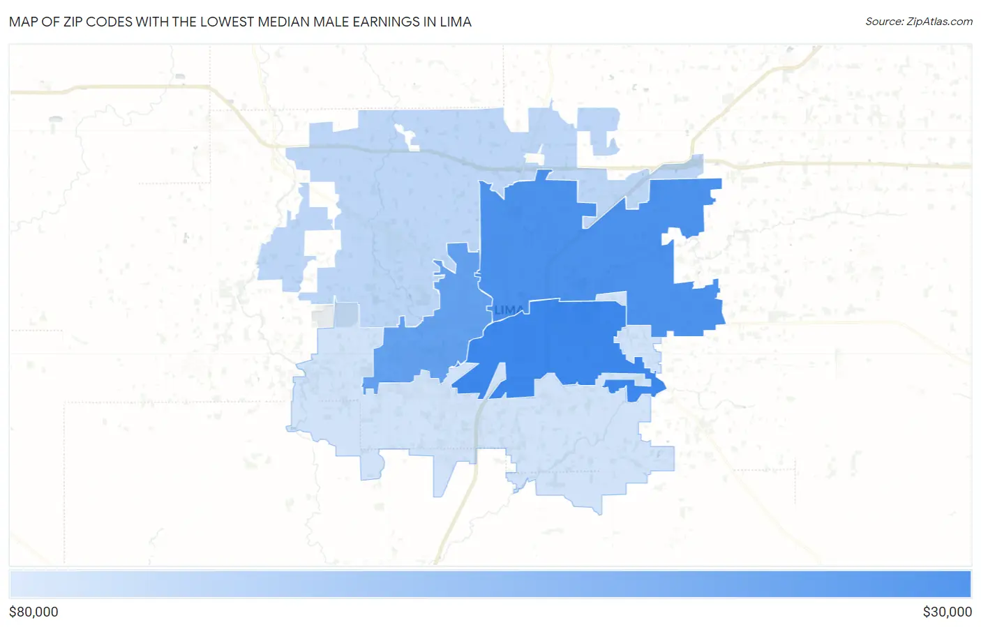 Zip Codes with the Lowest Median Male Earnings in Lima Map