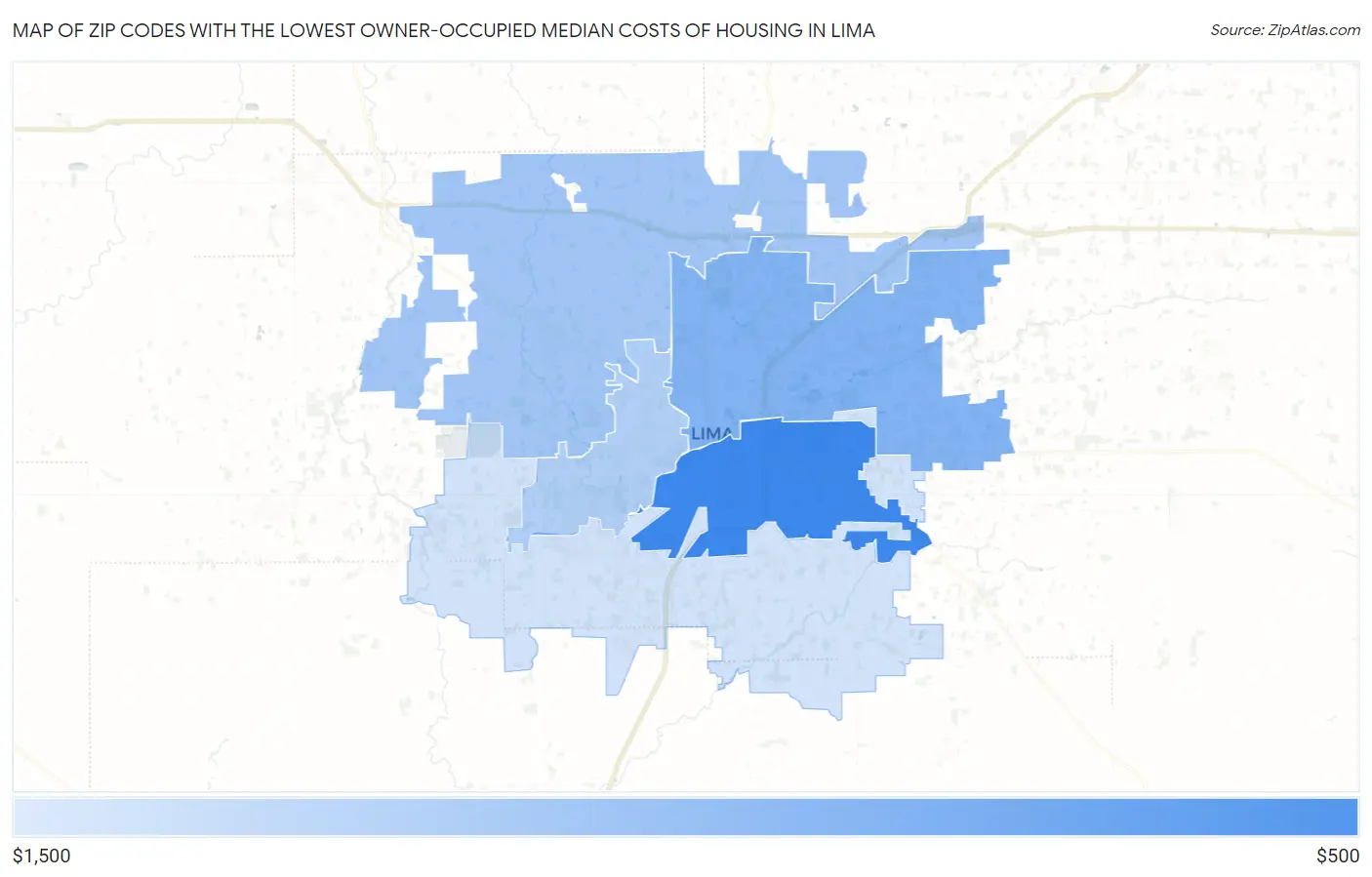 Zip Codes with the Lowest Owner-Occupied Median Costs of Housing in Lima Map