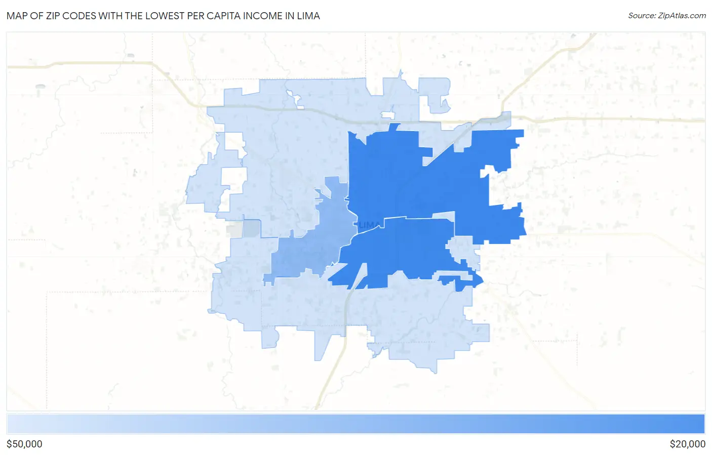 Zip Codes with the Lowest Per Capita Income in Lima Map