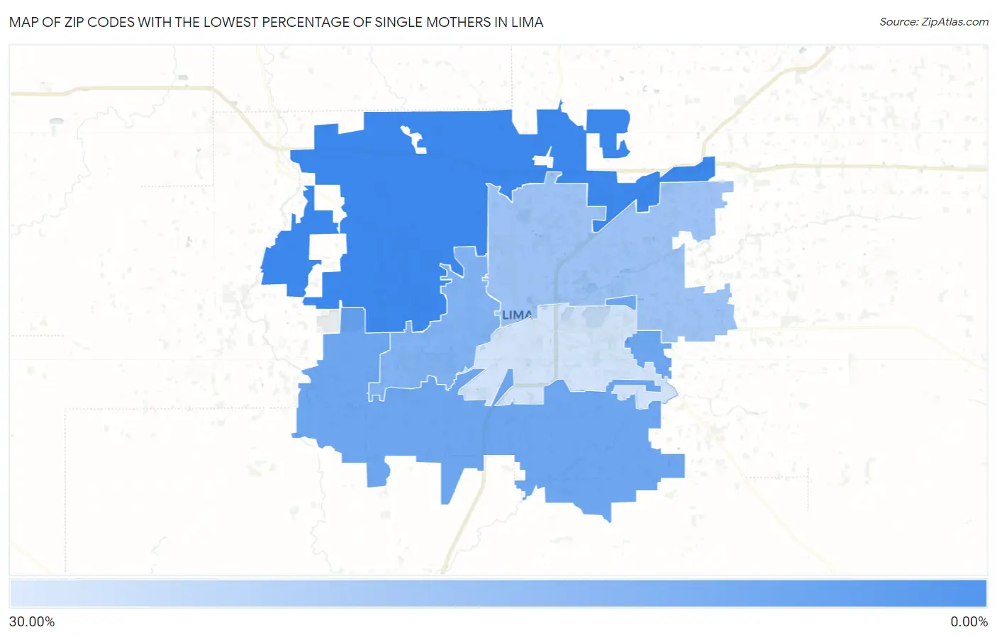 Zip Codes with the Lowest Percentage of Single Mothers in Lima Map